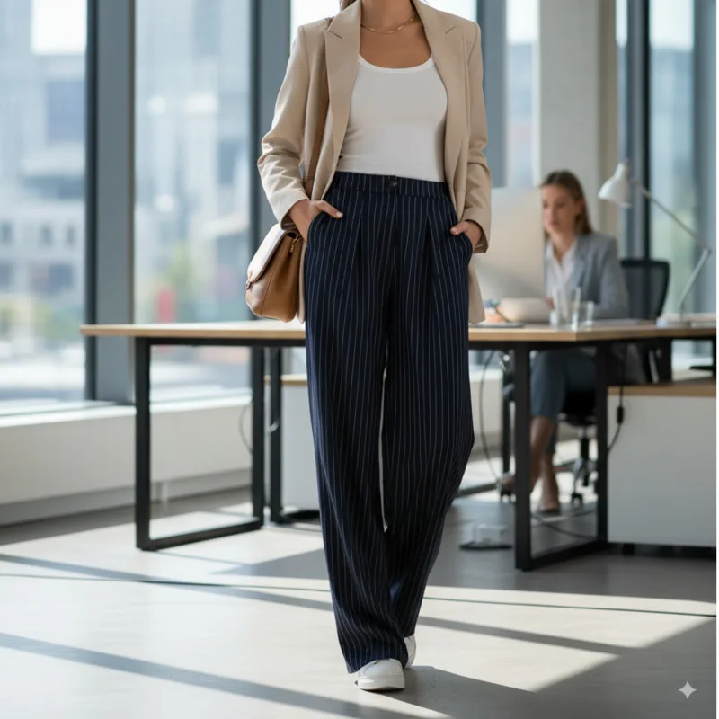 

Elegant Navy Striped Wide Leg Trousers For Office Or Streetwear Look Spring High Waist Loose Fit Full Length Drape Pants Design
