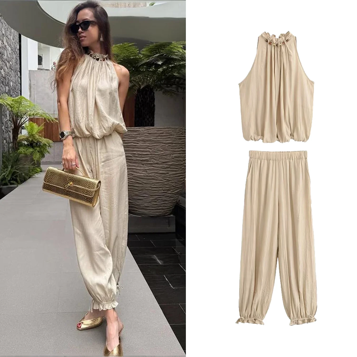 Women's Pant Sets Or Summer Female Sleeveless Half High Collar Elegant Beaded Pleated Tops Or Lady Chic Lantern Pants Casual Sui