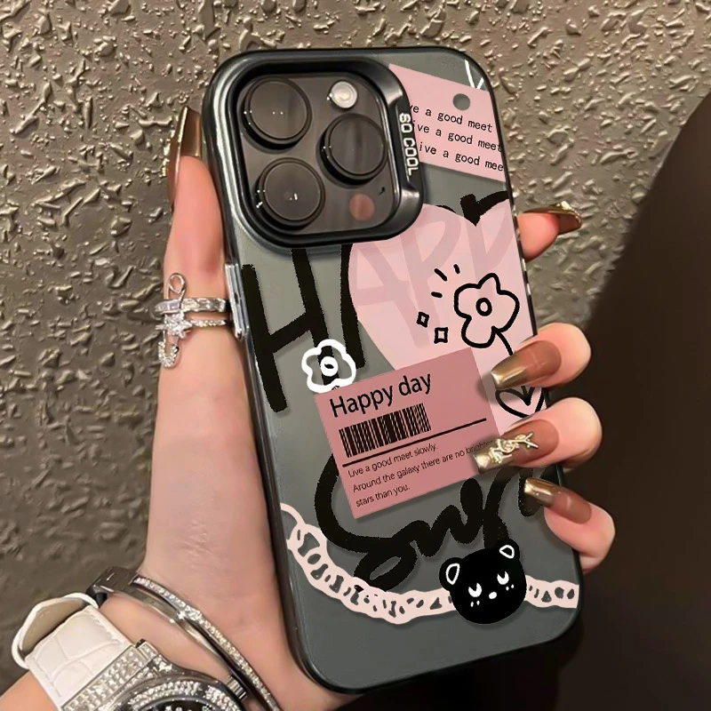 

Fashion Pink Black Letter Graffiti Heart Pattern Phone Case for iPhone 16 15 14 13 12 11 Pro Max XS XR X 7 8 Plus SE Cover Funda