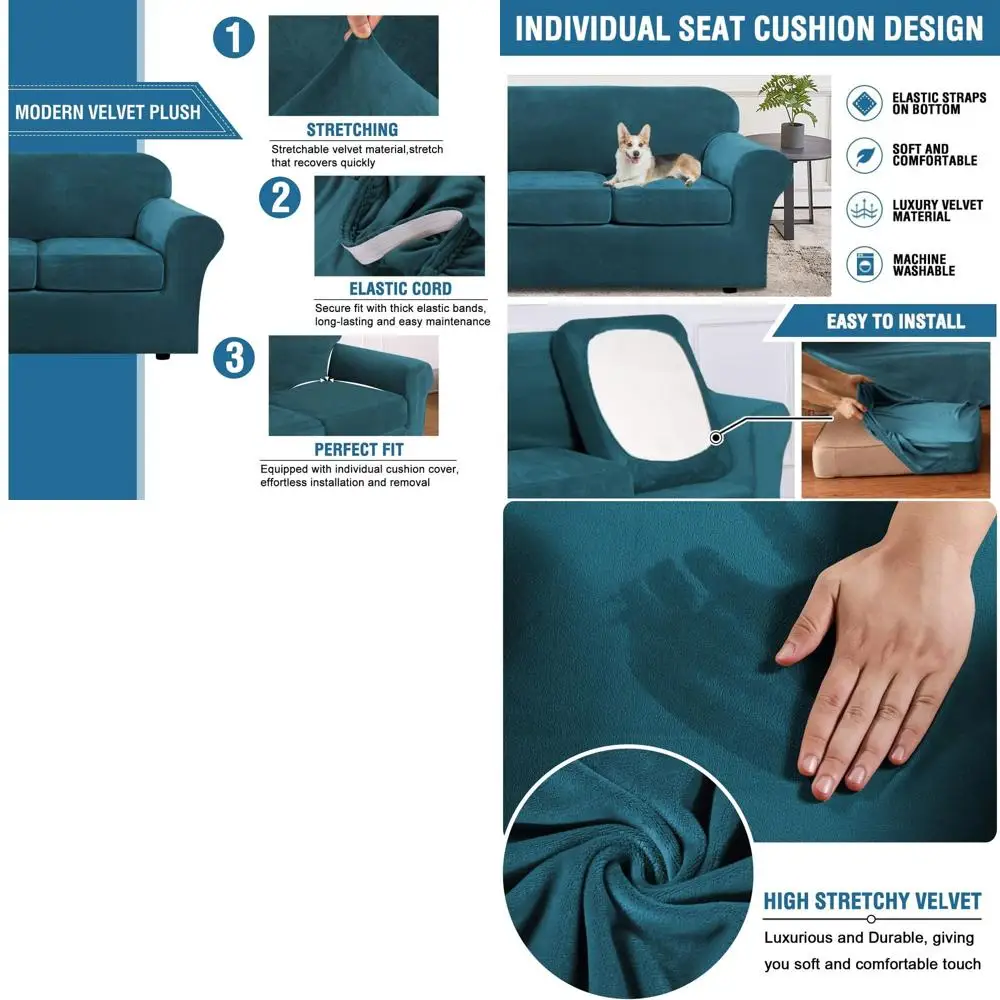 

Luxury High Stretch Velvet Sofa Cover, 4-Piece Set, Deep Teal, Fits 3-Cushion Couches up to 90 Wide