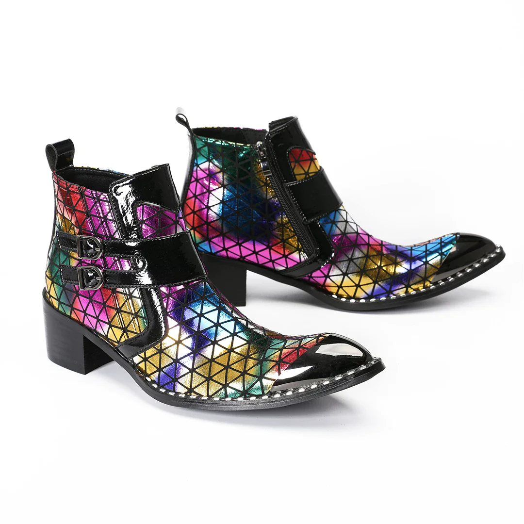 2026 New Fashionable British Style Personalized Iron Head Splicing Trendy Men's Boots Floral Print Youth Bar Leather Boots