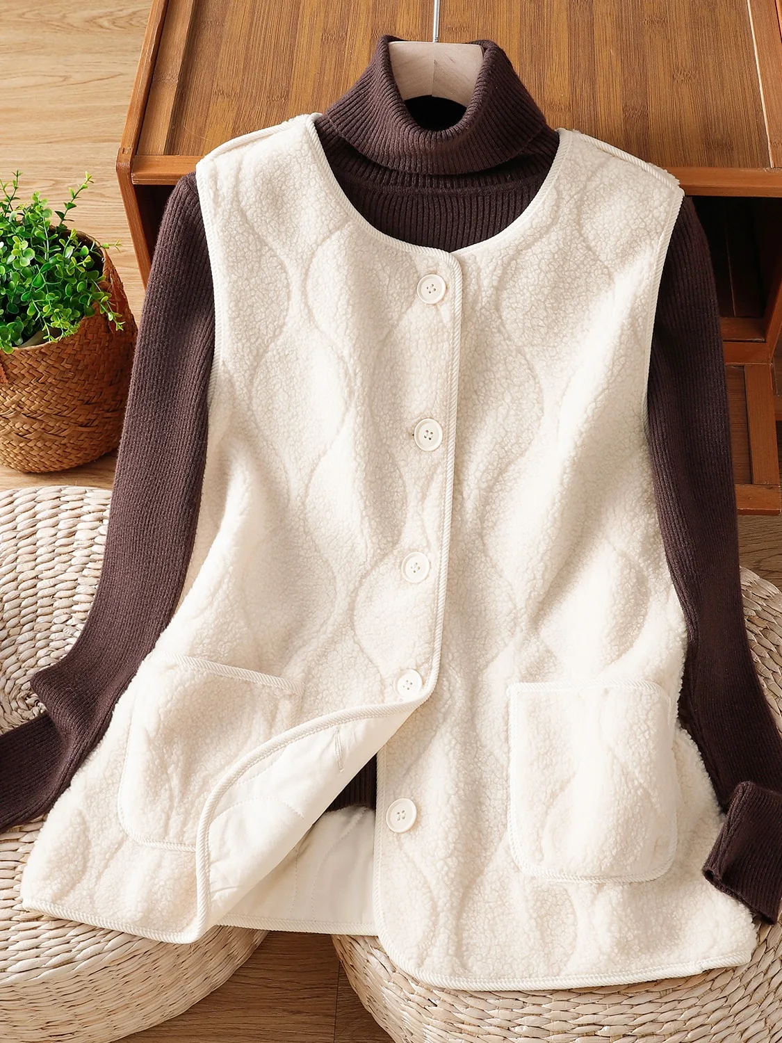 

Модный двусторонний жилет из овечьей шерсти для женщин, зимний, высококачественный, повседневный, многослойный, для ношения под одеждой, топ из полиэстера и хлопка.