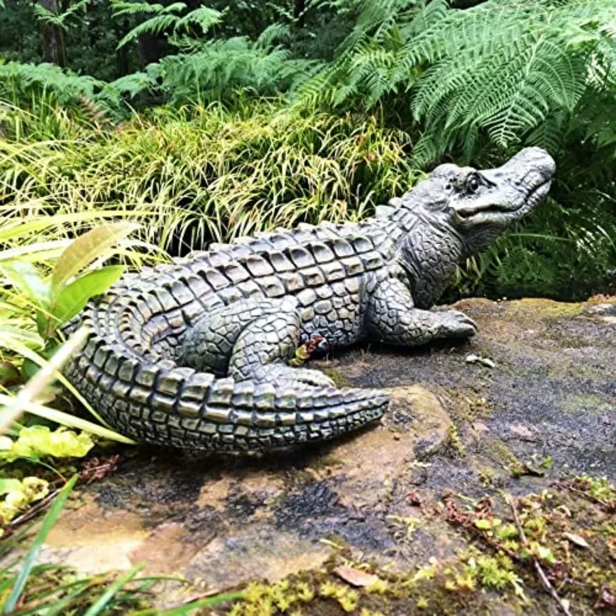 Beach garden pool decoration: realistic lying alligator statue, 20 in., PVC material, green color, weather-resistant and lifeli