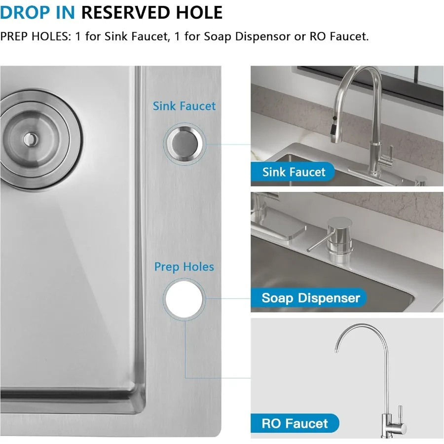 حوض مطبخ مقاس 25 بوصة × 22 بوصة لغرف أدوات الغسيل RV - سطح متين بمقياس 16 304 من الفولاذ المقاوم للصدأ