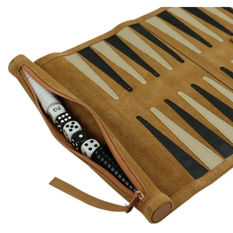Portable Backgammon Checkers Set, Rollable Suede Pouch, Black White Pieces, Outdoor Tabletop Game