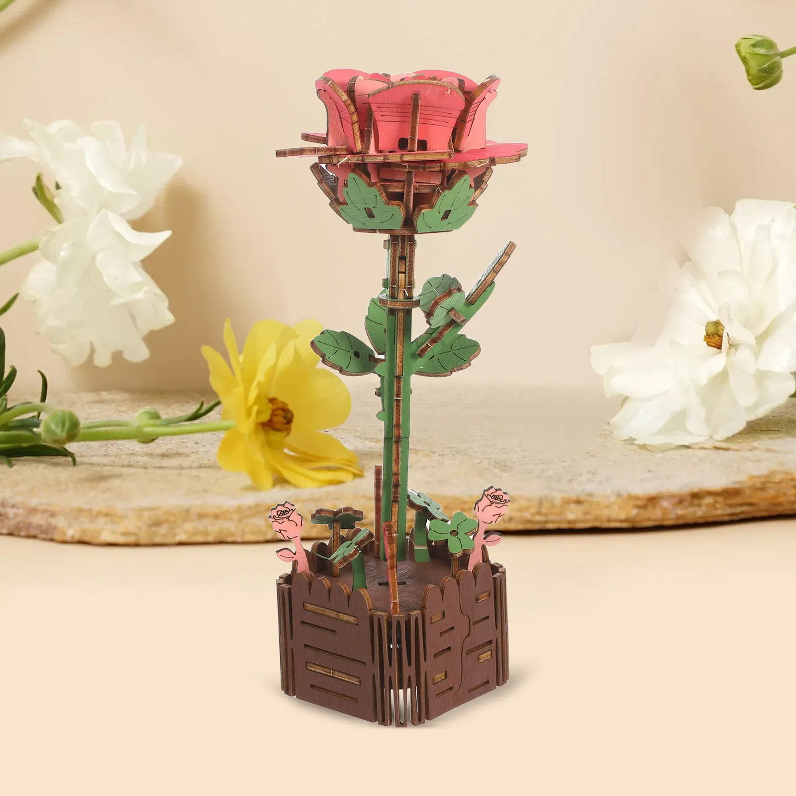 لغز خشبي ثلاثي الأبعاد على شكل زهرة، طقم بناء يدوي للبالغين، وردة بدون ماء، ديكور منزلي، زينة للمكتب، هدية عيد الحب، لغز ثلاثي الأبعاد
