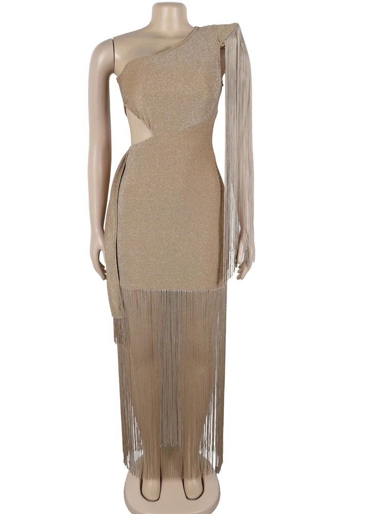 Kricesseen Vestido sexy de fiesta con un solo hombro y purpurina para mujer con borlas y bodycon para eventos de noche/club