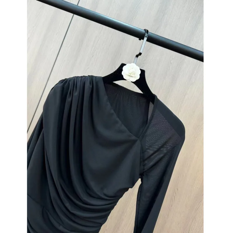 [ZOCI] Yuzu MM 2024 New Irregular Collar Long Sleeve Shoulder Cushion Pinch Wrinkle Fold Waist Show Skinny Sexy jumpsuit