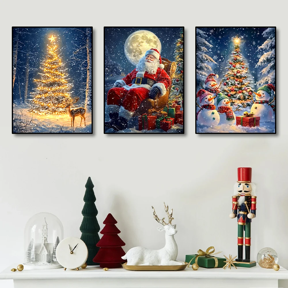 

Set of 3 Christmas Canvas Wall Art - Santa Claus, Christmas Tree, Snowman - Inspiring Holiday Posters for Home and Room Decor