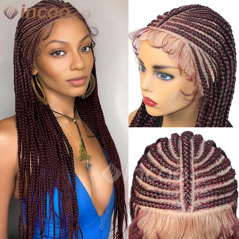 

Tribal Braids Wig Synthetic Full Lace Front Braided Wigs 32'' Cornrow Braids Wig Faux Locs Knotless 1B Burgundy Jumbo Braid Wig