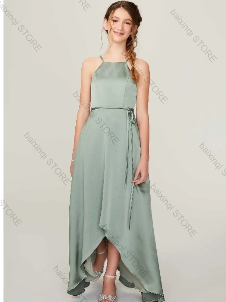 

Green Satin Flower Girl Dress Elegant Simple Assymetrical Dress Customizable Color Princess Birthday Party Prom Evening gown