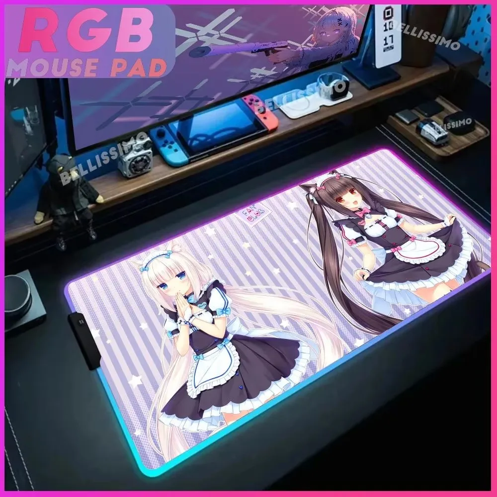 Anime Girls Hentai N_nekopara Mouse Pad RGB Gaming Luminous Desk Mat Backlit Escritorio Accesorios Desk Protector LED Playmat