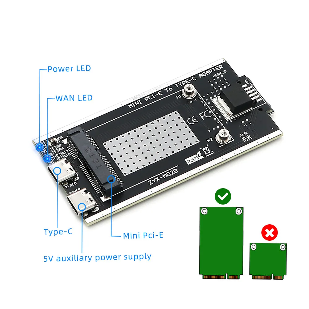 محول PCI-E مصغر إلى USB 2.0(TYPE C) مع فتحة للبطاقات SIM وواجهة طاقة إضافية لوحدة WWAN/LTE