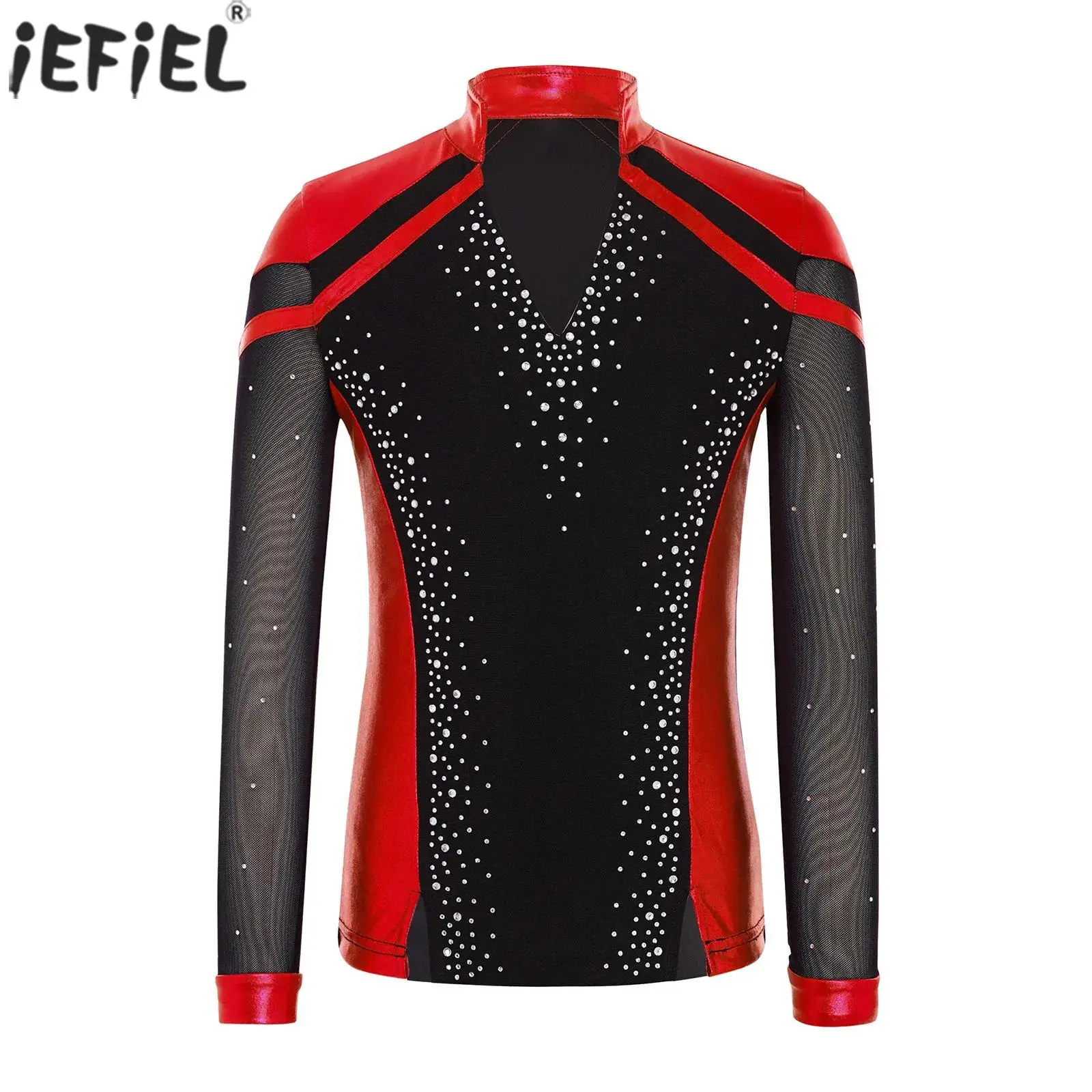 Kids Boys Figure Skating Costume Metallic V-Neck Long Sleeve Rhinestones T-Shirts Top for Latin Dance Tango Cha-cha Performance