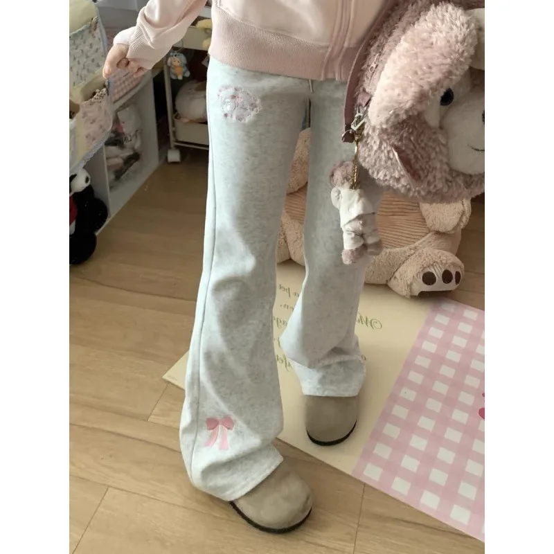 Embroidered Bows Y2k Gray Flare Pants Drawstring Harajuku Long Sweatpant High Waist Japanese Cute Trousers Casual Pant For Women