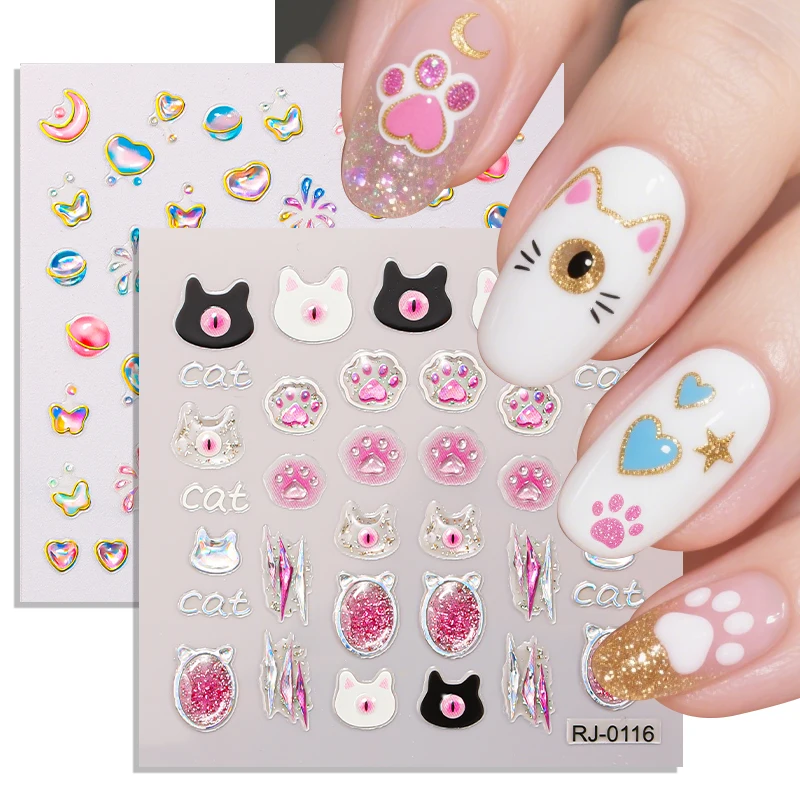 

2pcs Laser Jelly Nail Art Sticker 5D Cat Aurora Heart Moon Butterfly Self-Adhesive Decals Sliders for Nails DIY Manicure Decor
