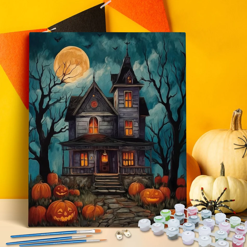 

RUOPOTY Painting By Number Adults Castle Pumpkin Landscape Halloween Drawing Markers By Numbers Set Canvas Acrylic Paints Gift