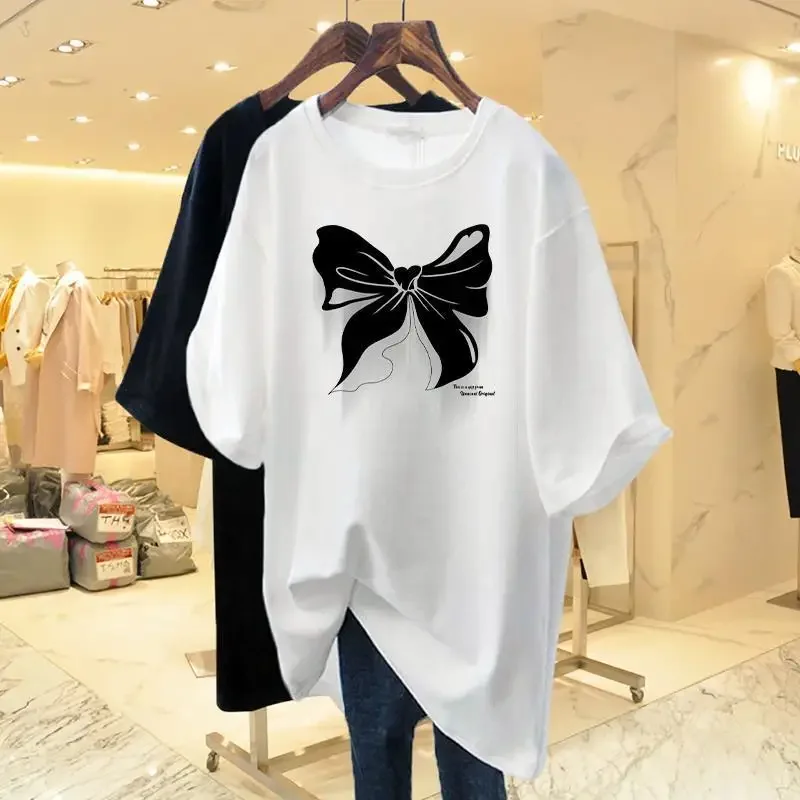 White Cotton Loose Round Neck Bow Short Sleeve Tee T-shirt Women\'s Mid Length 2023 Summer New European Oversized Fashion Tops