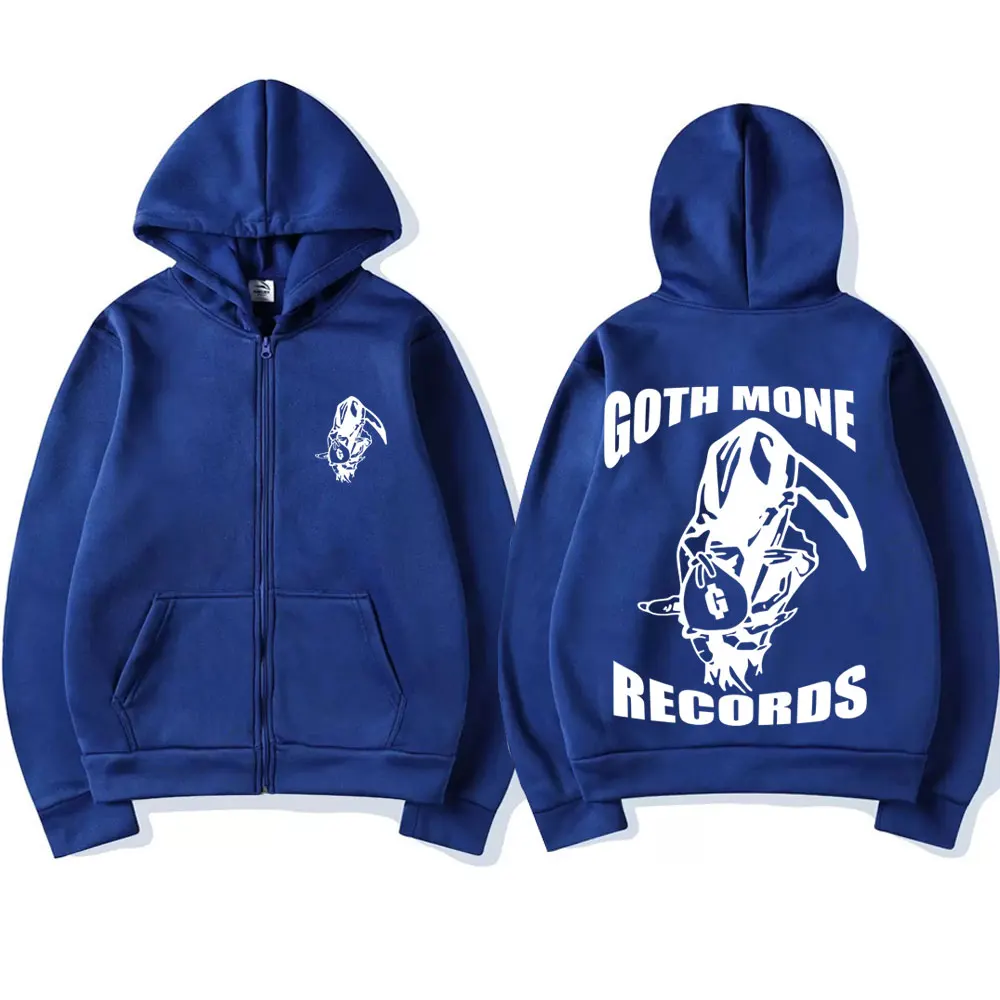 Goth Money Records Skull Graphic Zipper Hoodie Men Vintage Rock Gothic Zipper Sweatshirt Male Hip Hop Oversized Zip Up Jacket