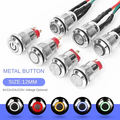 12MM 1pc Small Push Button Switch Led On/Off Sockets Metal Start Stop 6V/12v/24V/220V Momentary Electric Car Motorcycle latching