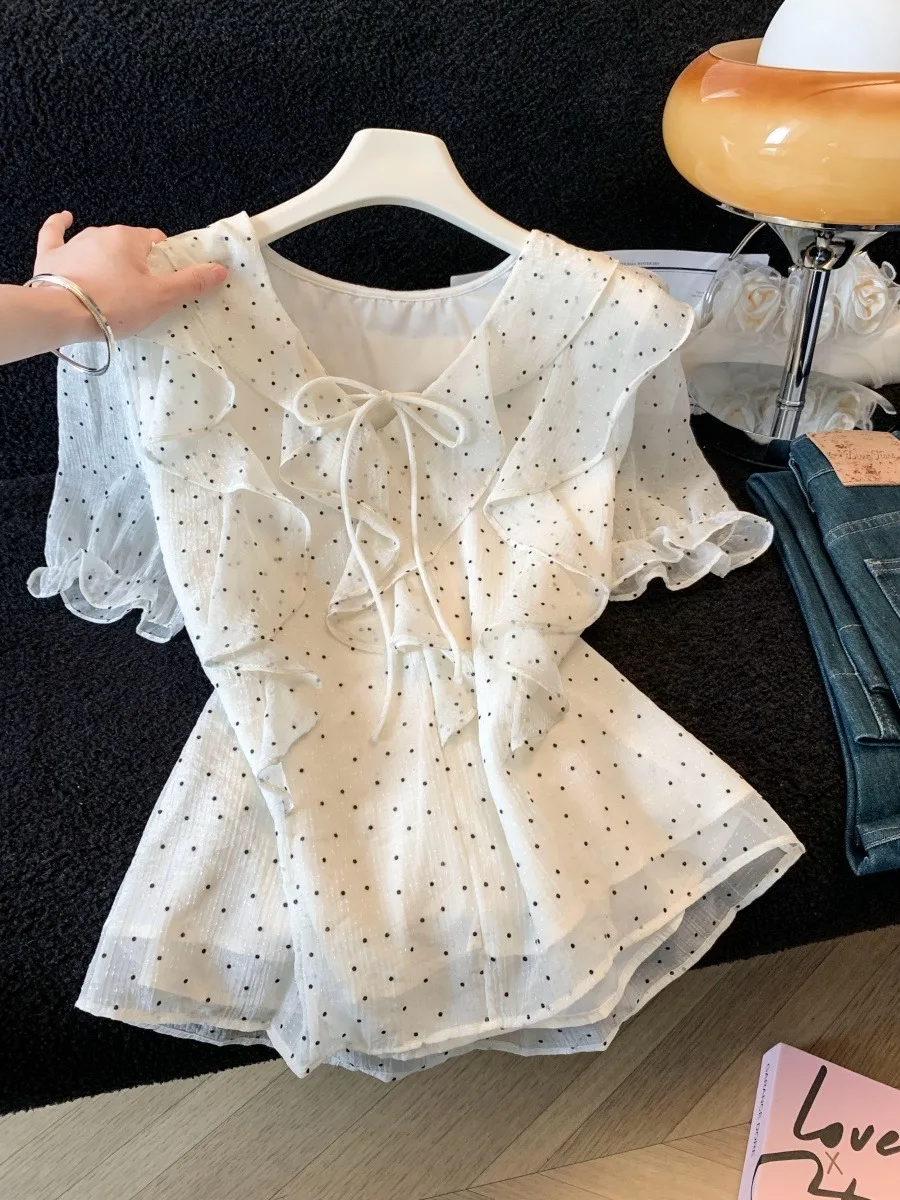 

Женская летняя шифоновая блузка в горошек с рукавами-фонариками, тонкая, элегантная, с кружевной отделкой, в корейском стиле, свободного кроя, премиум-класса