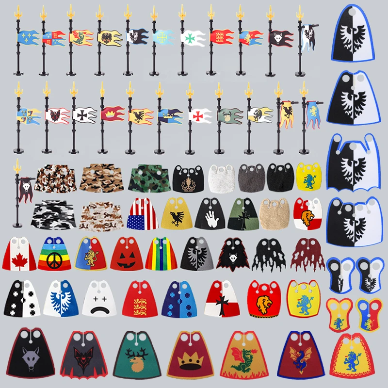 Cavaliere militare medievale Castello Bandiera Building Blocks Soldati dell'esercito Legione Armi di fanteria Mantello Abbigliamento Accessori Giocattoli di mattoni