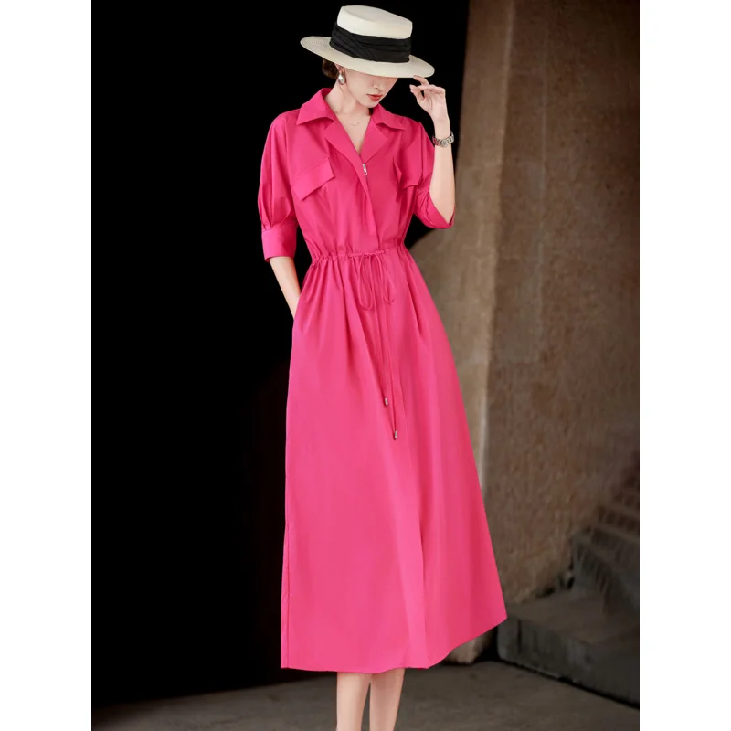 MEXCOCO Women New Summer Casual Commuter Turn Down Collar Zipper Drawstring Waist Cinched Half Sleeve A Line Dress