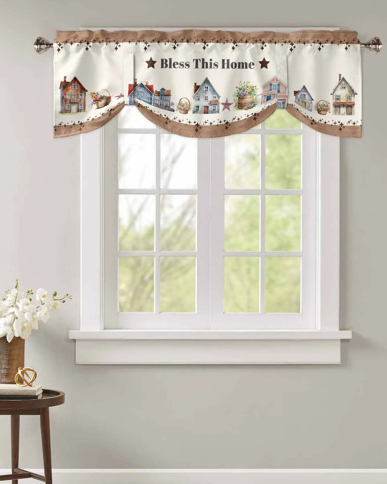 Watercolor House Stars Wood Grain Window Curtain Living Room Kitchen Cabinet Tie-up Valance Curtain Rod Pocket Valance