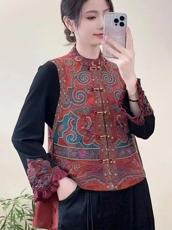 Nuovo Gilet Cinese da Donna con Ricamo, Scollo Rotondo, Bottoni, Fodera Interna in Cotone, Vestibilità Regolare, Top Comodo