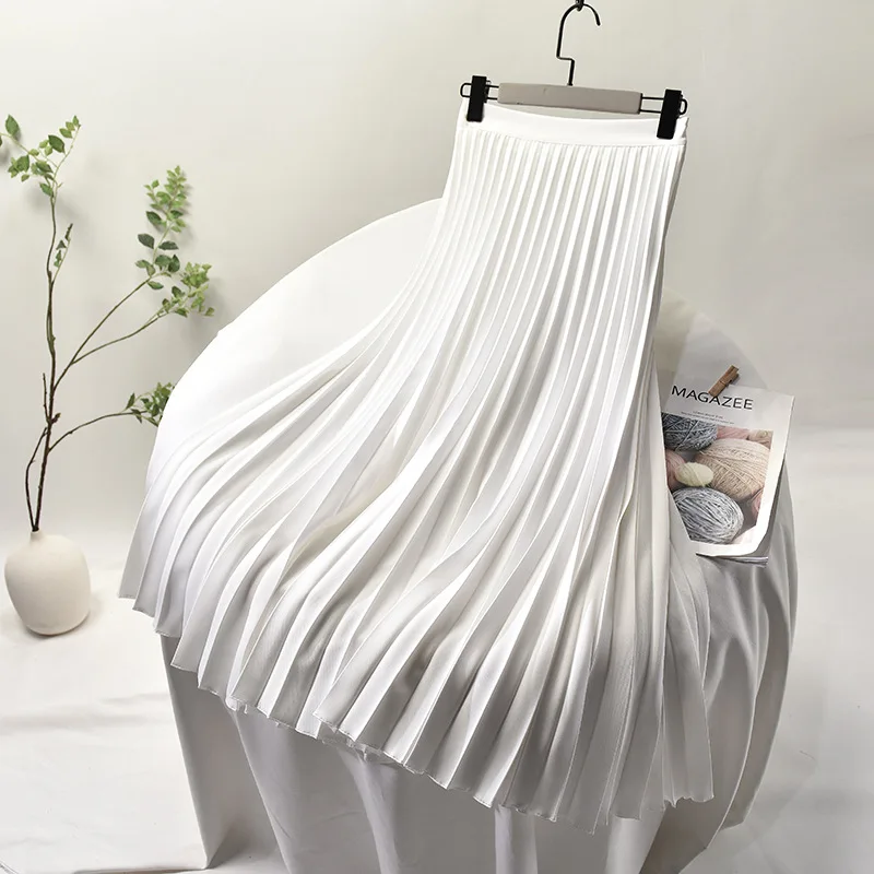 2023 Women's Elegant Sector Pleated Twill Skirt With Chiffon Liner Female High Waist Side Zipper White Long Skirts