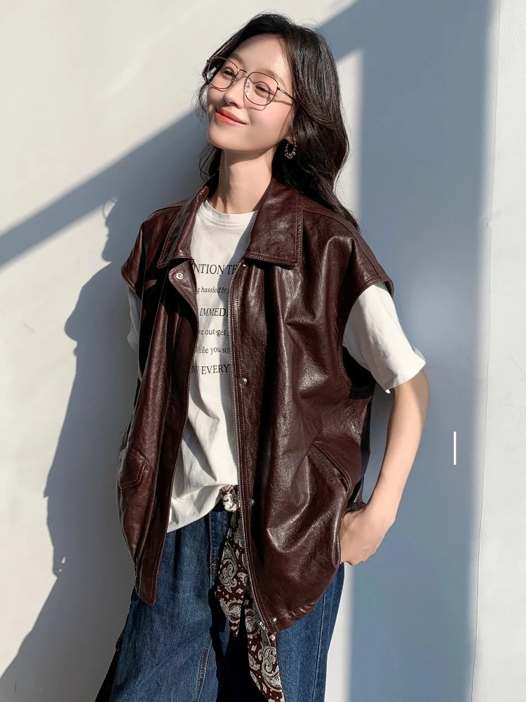Casual Echtes Leder Ärmellose Weste Jacken für Frauen Frühling Herbst High-end-Einfache Feste Weiche Öl Wachs Echt Schaffell mantel