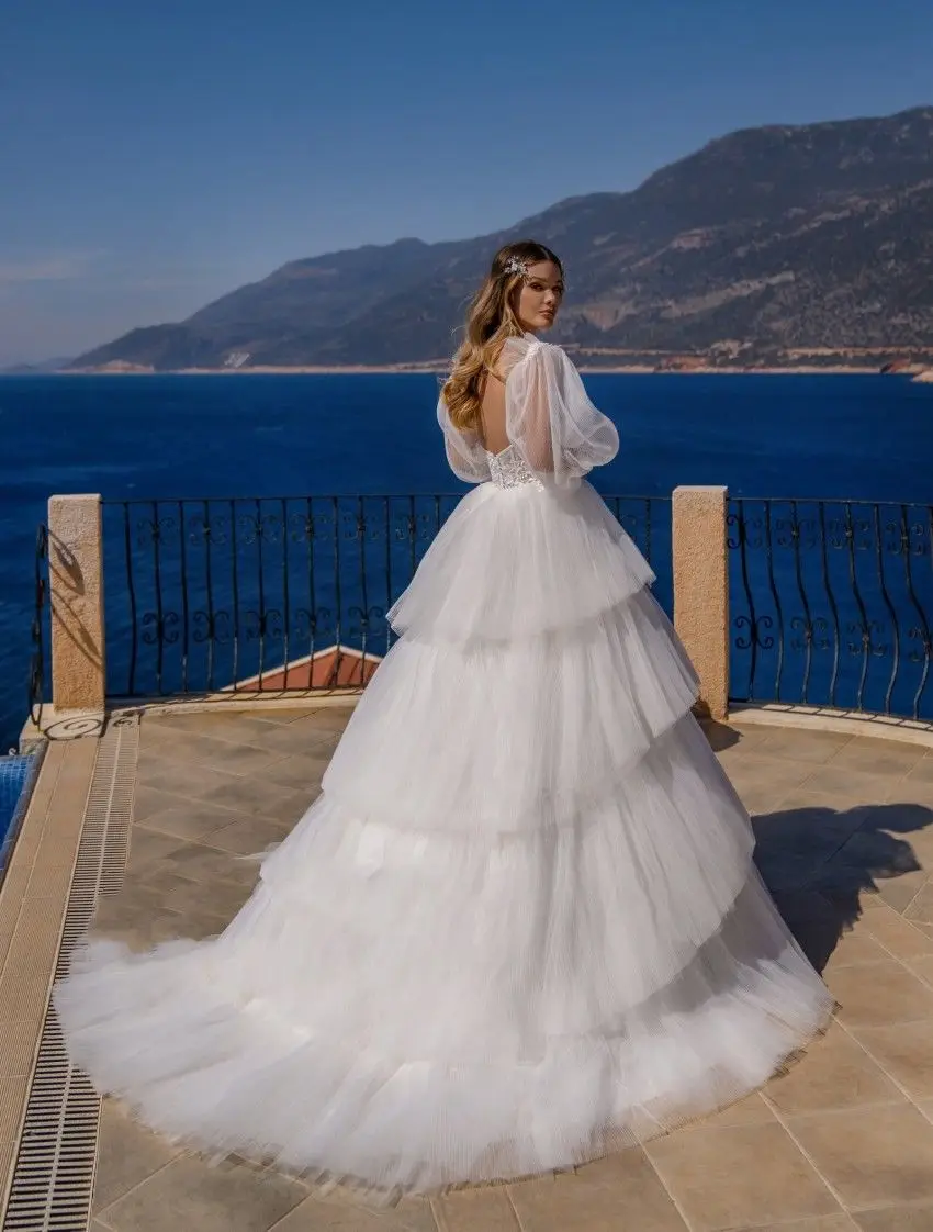 Customized Ruffles Wedding Dresses Removable Sleeves Bridal Gowns Lace Appliqués Open Back Formal Robe De Mariée