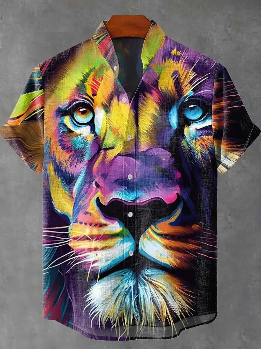 Men's short sleeved shirt, new geometric floral animal 3D printed linen short sleeved top, summer comfortable casual top