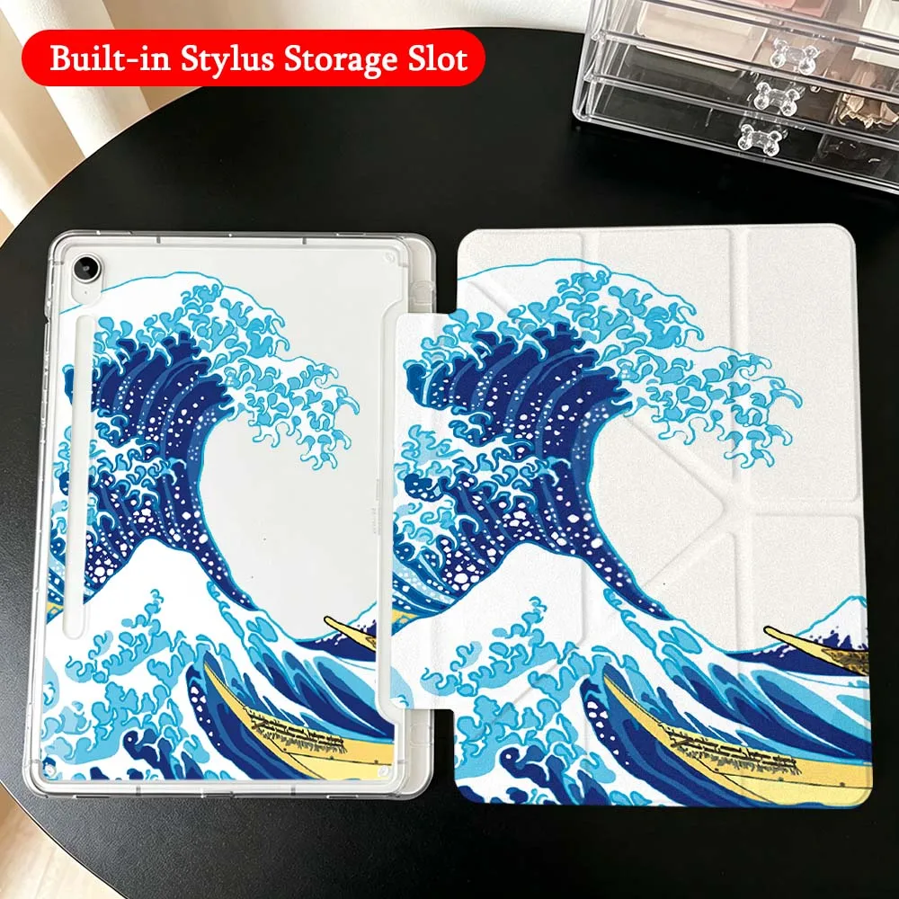 Great Wave Cartoon Case For Samsung Galaxy Tab A9 A8 A11 S6 S7 S8 S9 S10 FE Plus Lite Transparent Y-Shaped Folding Tablet