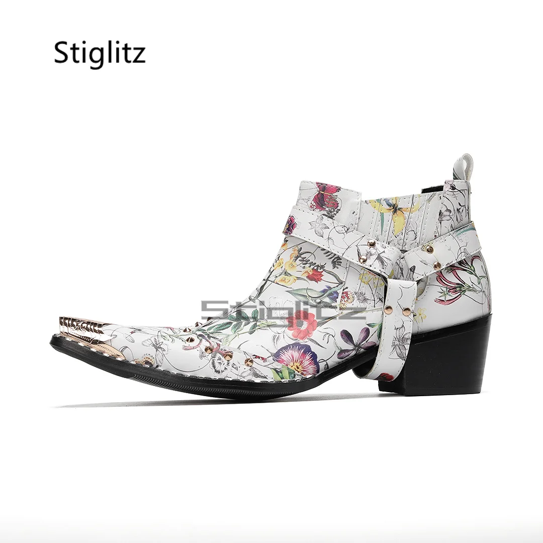 Prints Graffiti Men's Boots Metal Pointed Toe Genuine Leather Chelsea Boots Rivet Ankle Boots Spring Autumn Business Shoes