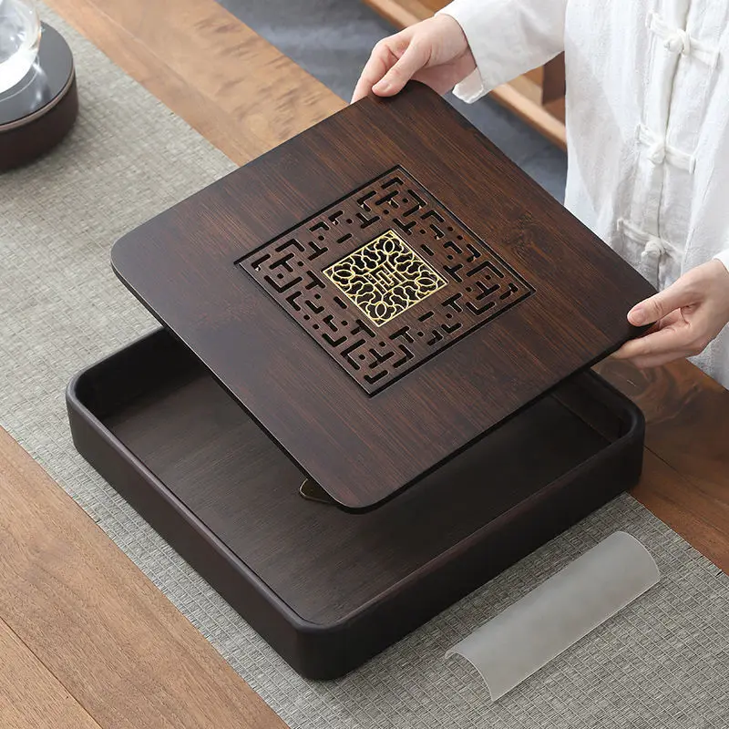 Japanese Square Bamboo Tea Tray Walnut Color Household Draining Tea Table Modern Simple Water Storage Drainage Tray Home Gift