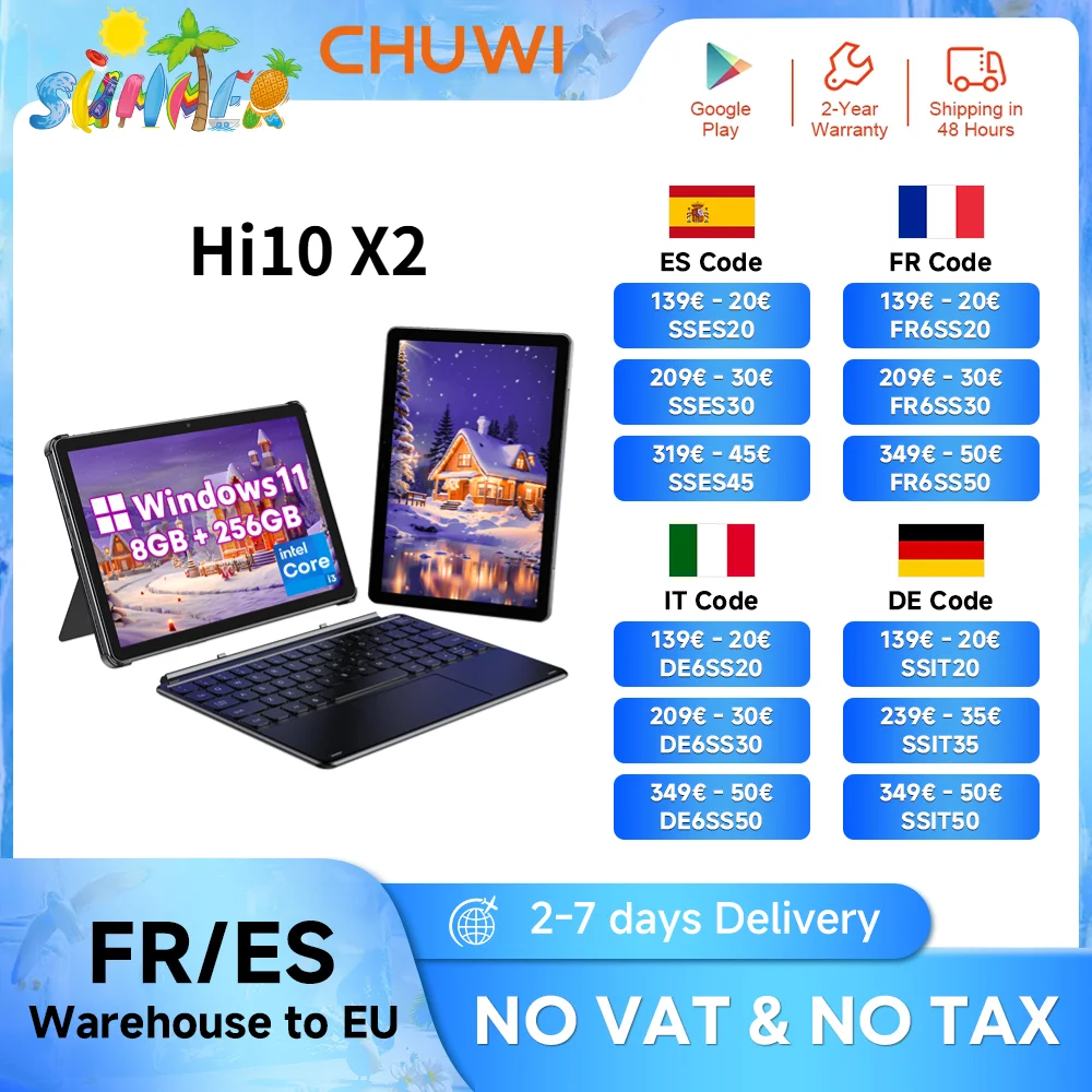 Tablette CHUWI Hi10 X2 Windows avec clavier, ordinateur portable 10,1'', Intel Core i3, 8 Go de RAM, 256 Go SSD, tablette PC 2 en 1, 4K, Windows 11, WIFI6