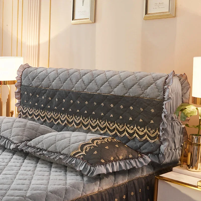 Luxury Flannel Quilted Bed Head Cover Lace Edge Short Plush All-inclusive Headboard Cover Elegant Solid Color Bedside Protector