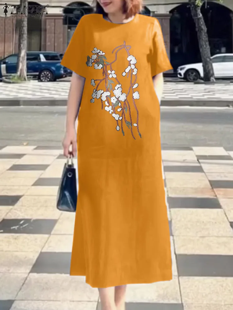 

Women Casual Loose Midi Dress ZANZEA Fashion Floral Embroidery Short Sleeve Solid Color Vestidos 2024 Summer Everyday Robe Femme