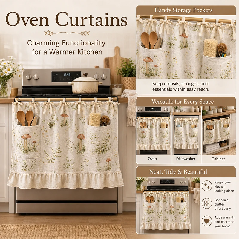 1pc Stove Oven Decor Curtain Print Short Valance with Storage Pockets Ruffle Edge Farmhouse Kitchen Dustproof Cover Home Decor