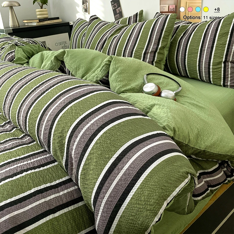 Olive Green Striped Bubble Crinkle 3-Piece Bedding Set, 1 Duvet Cover + 2 Pillowcases,Breathable Fade Resistant Machine Washable