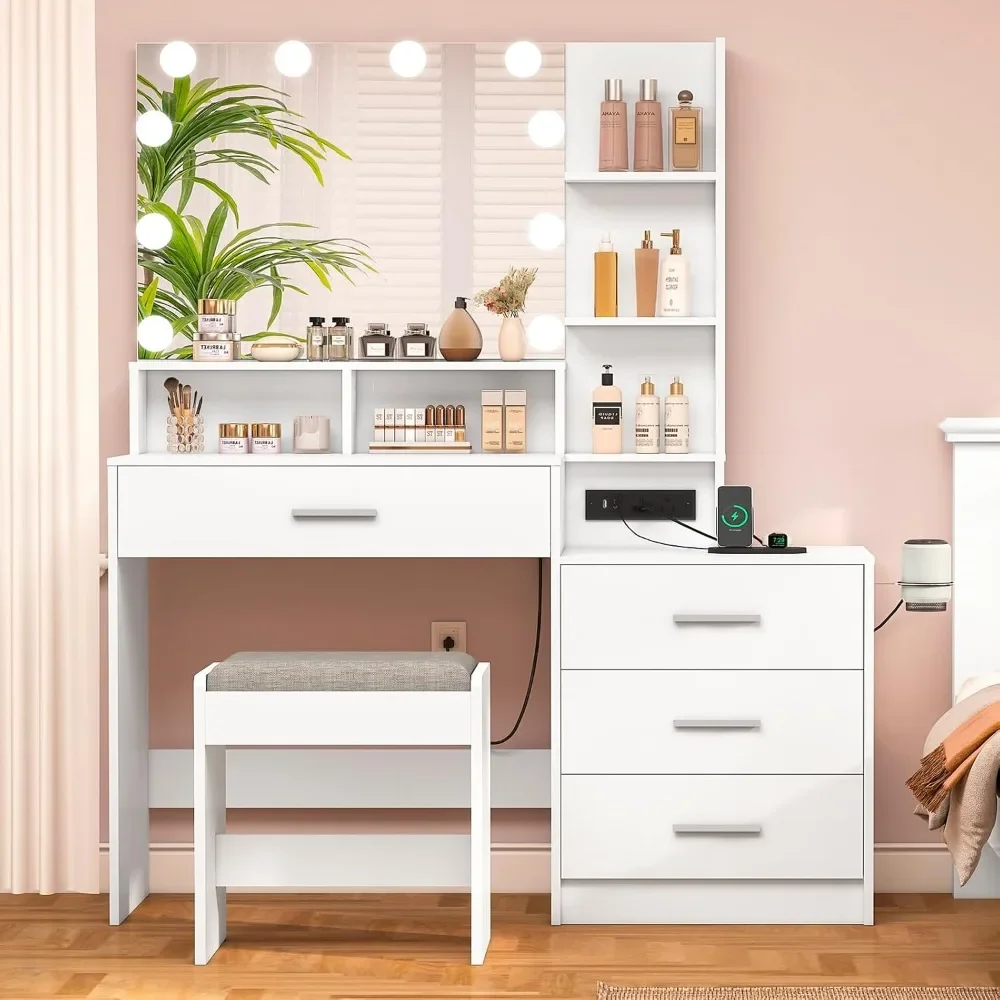 Set with Lighted Mirror & Charging Station, Makeup Dressing Table with  Storage Shelves and Drawers