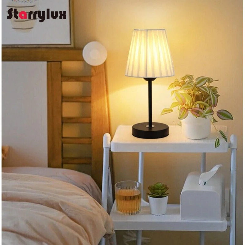 Nordic Retro Fabric Table Lamp, Bedside LED Pleated Night Light, Scandinavian Decor Nightstand Lamp