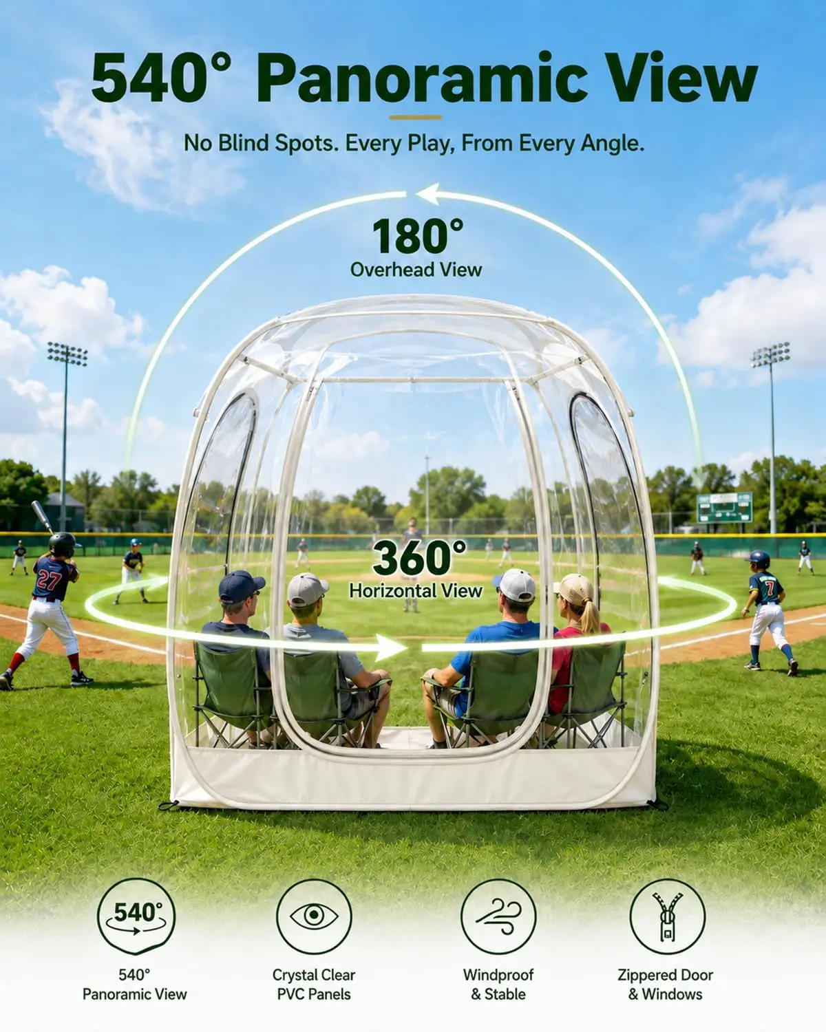Pop up Sports Tent, Instant Pop Up Bubble Tent Fully Transparent, 2-6 Person Tent Clear Bubble Tent, All Weather Sports Tent