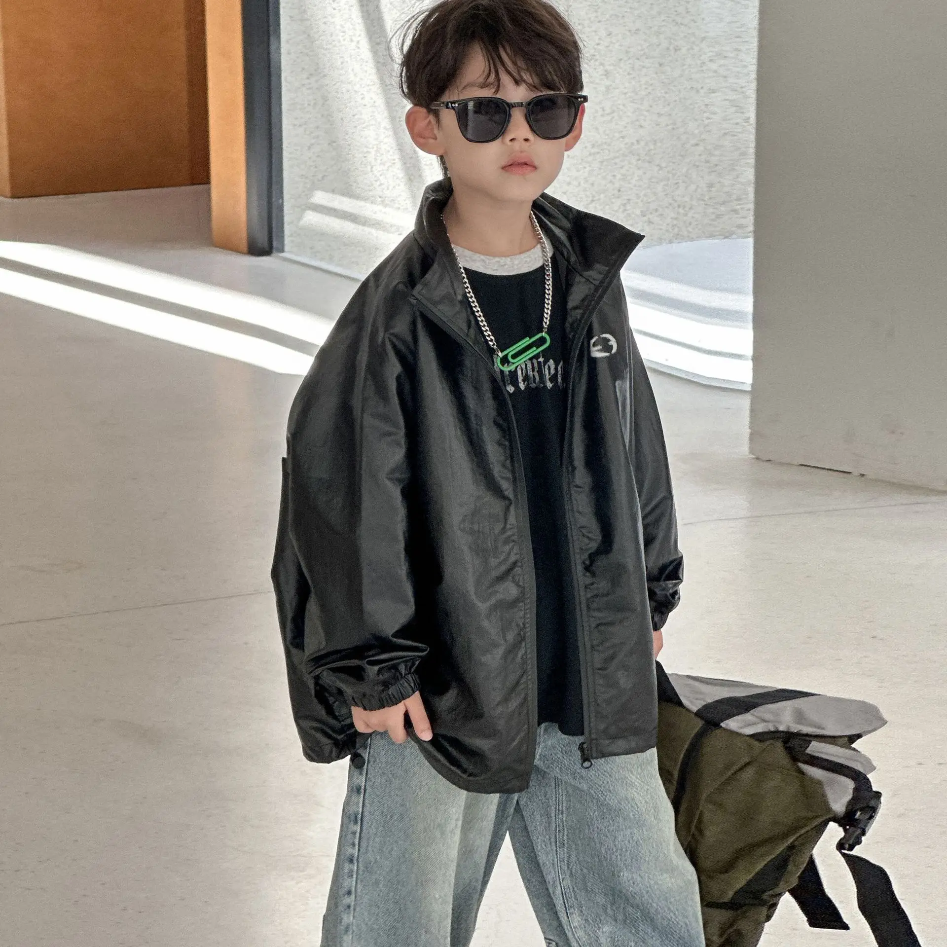 

Boys Autumn Casual Coat 2025 New Children's Black Loose Jacket Top Boys Trendy Cool Children's Clothing