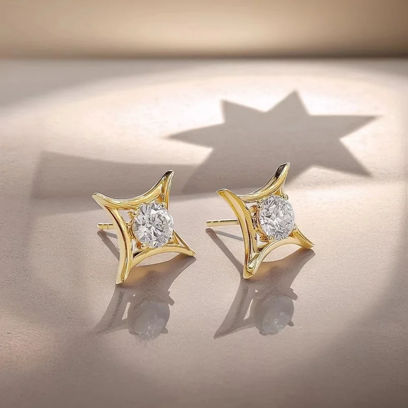 Star Burst Four Prong 1ct Round Lab Diamond Earrings in 18K Gold DEF Color VVS VS Clarity Secure Setting More Brilliant Sparkle