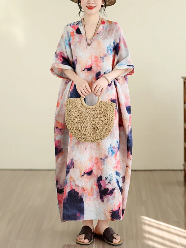 Bohemian Gradient Print Cotton Lin Dress Women Summer New Loose Slimming V-neck Holiday Long Dress A-line Skirt Casual Wear