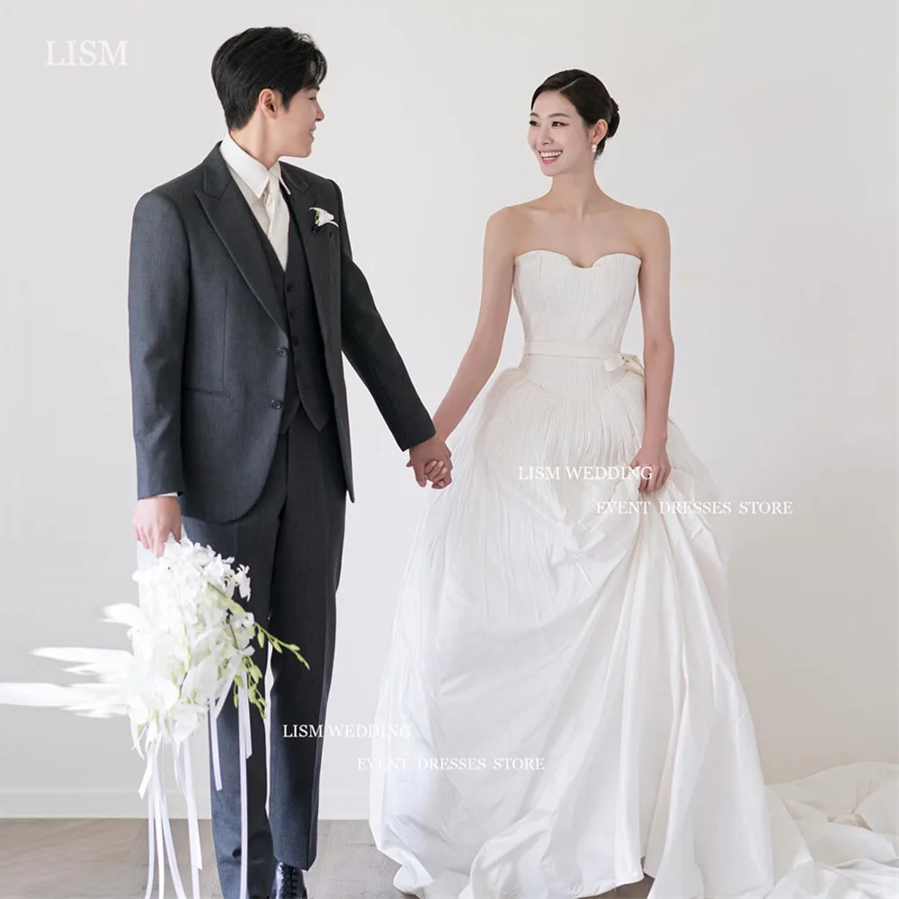 

LISM Simple Satin Korea A-Line Wedding Dresses Photo Shoot Strapless Floor Length Bridal Gowns Vestidos De Novia Corset Back