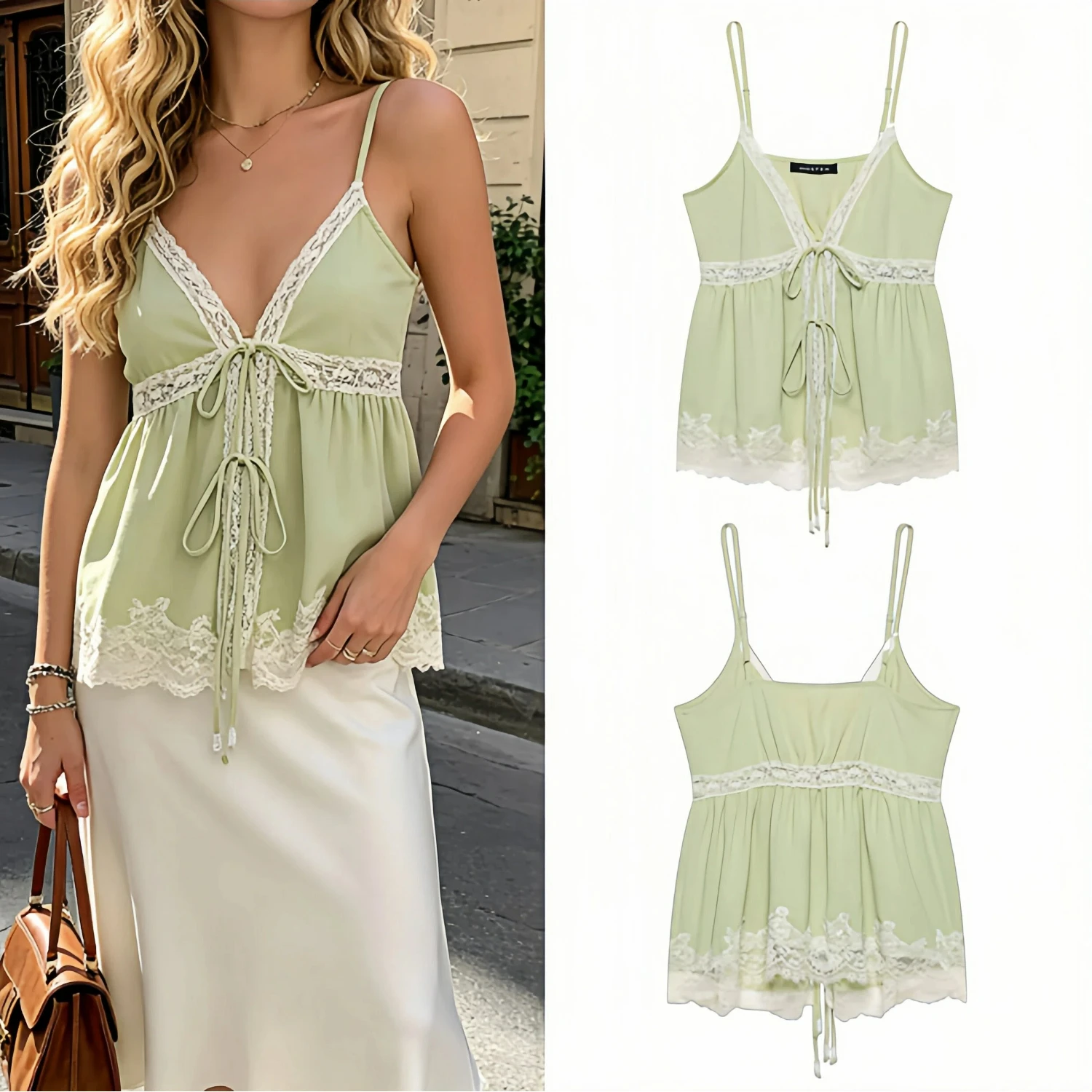 Women's Green Spaghetti Strap Lace Top Summer Sexy V Neck Off Shoulder Sleeveless Backless Camisole Tank Lightweight Top