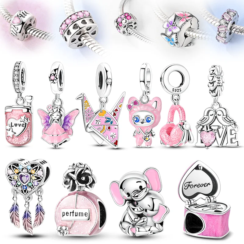 New 925 Sterling Silver Pink Charm Beads Elephants Butterfly Cat Bird Cell Phone Pendant For Original Bracelet Women DIY Gift